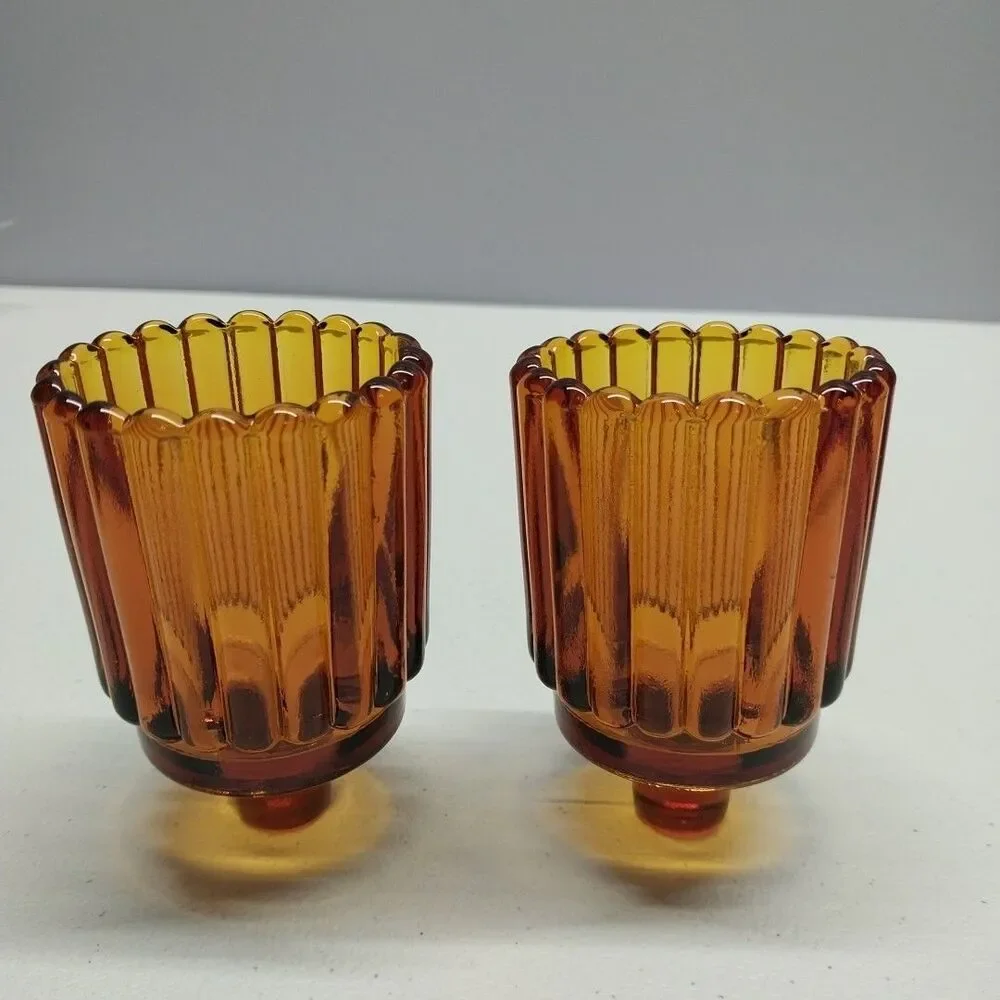 Vintage Dark Amber Ribbed Glass Votive Cup Candle Holders Set Scalloped Rim